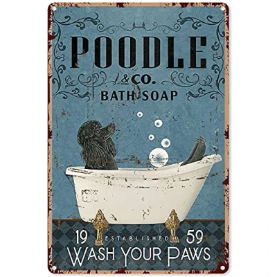 Image of Buywell Bathroom Art Wall Decor Bath Soap Company Black Poodle Wash Your Paws Vintage Home Poster Tin Sign Metal 8X12 Inches