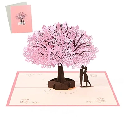 Image of Vicloon 3D Pop Up Card, Romantic Lovers Card with Couples Under Cherry Tree, Anniversary Valentine&#039;s Day Wedding Birthday Envelope for Wife Husband Girlfriend Mother