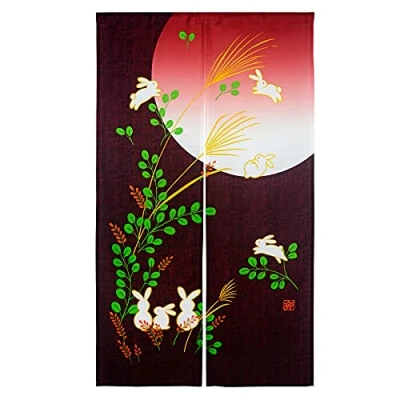 Image of LIGICKY Japanese Doorway Curtain Noren Cute Rabbit Under Moon Decoration Red 33x59inch