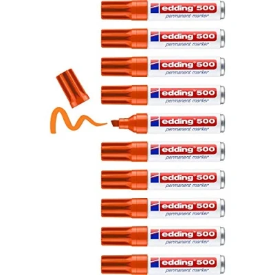 Image of edding 500 permanent marker orange 10 pens chisel tip 2 7 mm waterproof, quick drying, smear proof for cardboard, plastic, wood, metal, glass and fabric