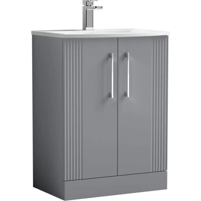 Image of nuie DPF225G Deco Modern Bathroom Floor Standing 2 Door Part Fluted Vanity Unit with Curved Ceramic Basin, Satin Grey