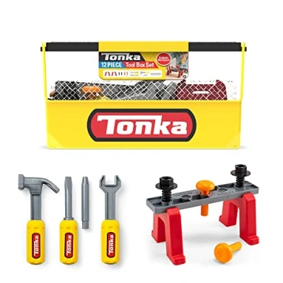 Image of Tonka Tough Tool Box Pretend Play Tools, Toddler Construction Toys, 12 Pieces For Imaginative including Tor Drill, Chainsaw, Hammer Boys &amp; Girls ages 2+ Basic Fun 06235