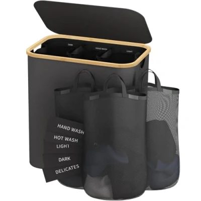 Image of Laundry Hamper 3 Section, 160l Extra Large Hampers For Basket With Lid, Dirty Clothes Organizer Bedroom,Laundry Room