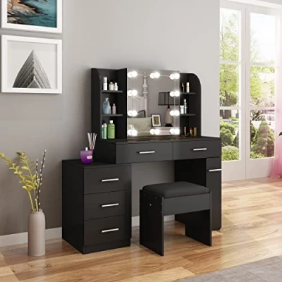Image of Dressing Table with LED Lights, Vanity Adjustable Brightness Mirror and Stool Makeup Set 2 Drawers 4 Shelves Cosmetic Bedroom Dresser Furniture (Black)