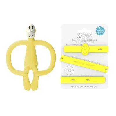 Image of Matchstick Monkey Antimicrobial Silicone Teether &amp; Gel Applicator, Easy Grip, BPA Free + Multi Use Holder Strap for Stroller, Car, Highchair, 3M+, Yellow