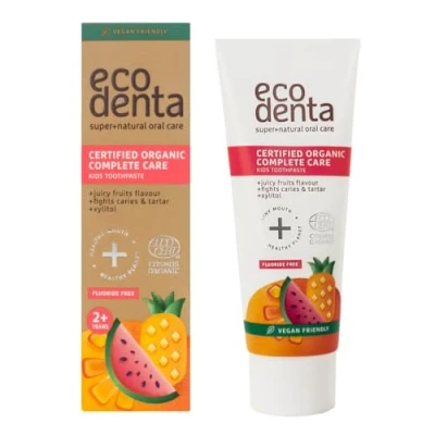 Image of Ecodenta Kids Toothpaste Fluoride Free Certified Organic Juicy Fruit Natural Childrens Tooth Paste Bubblegum Taste 75ml