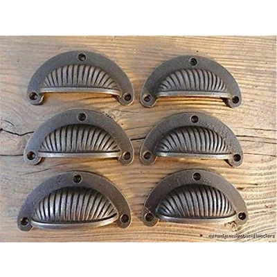 Image of HARDWARE FOR YOU LTD SET 6 ANTIQUE STYLE FLUTED SHELL DESIGN CABINET DRAWER HANDLE CAST IRON PULL CUP