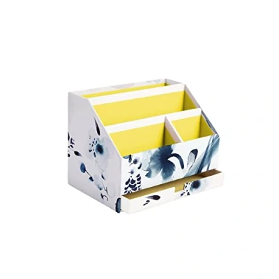 Image of Clairefontaine 115938C A Cardboard Letter Holder with Drawer 24x16x18 cm Floral Pattern Painted in Blue Ink Satin Finish Paper Home Office Inkebana Collection