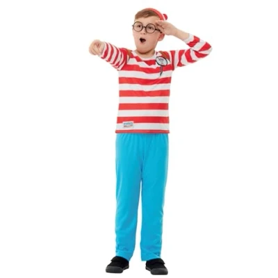 Image of Smiffys Where&#039;s Wally Deluxe Costume, Childrens Red &amp; White Top, Trousers, Hat 3D Glasses, Iconic Outfit with Print, Perfect for Themed Parties or World Book Day Halloween