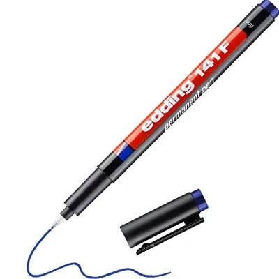 Image of edding 141 F permanent pen blue 1 round nib 0.6 mm for writing on glass, plastic, foils and smooth surfaces permanent, quick drying, smudge proof waterproof
