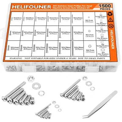 Image of HELIFOUNER 1500 Pieces M2 M3 M4, 304 Stainless Steel Phillips Pan Head Machine Screws Bolts Washers Nuts Hardware Assortment Kit