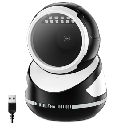 Image of Tera Barcode Scanner Handsfree Omnidirectional: Pro Version Desktop 1D 2D QR USB Wired Adjustable Angle Plug and Play Bar Code Reader for POS Supermarket Retail Store Mobile Payment Model 9800 White