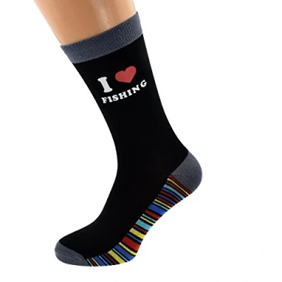 Image of GTR Prestige Giftware I Love Fishing Vinyl Print Stripey Sole Socks Adult Size UK 5 12 X6S223 034