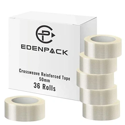 Image of Edenpack 36 Rolls Extra Strong Crossweave Reinforced Tape 50MM x 50M Bi Directional Filament Strapping Fiberglass Tear Resistant Heavy Duty Tape, Clear