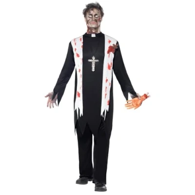 Image of Smiffys Zombie Priest Costume, Black with Blooded Top, Latex Wound, Collar &amp; Trousers, Halloween Alley Fancy Dress, Dress Up Costumes