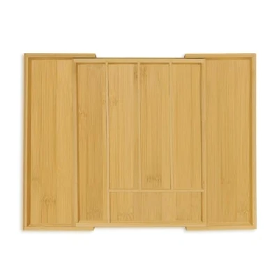 Image of Relaxdays Cutlery Tray, Extendable Insert, 5 to 7 Compartments, Drawer Organiser, Bamboo &amp; MDF, Utensil Storage, Natural, Fibreboard, x 47 33 cm