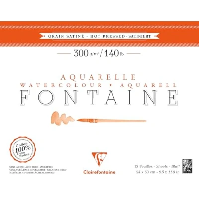 Image of Clairefontaine Ref 96349C Fontaine Hot Pressed Watercolour Glued Pad (12 Sheets) 24 x 30cm Size, 300gsm Paper Suitable for Artwork