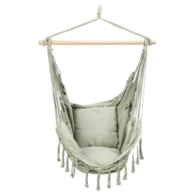Image of GEEZY Hammock Swing Chair Indoor &amp; Outdoor Green Hanging with Wooden Spreader Bar, Comfortable Cushioned Seat, Cotton Blend Fabric Sensory for Living Room, Bedroom, Garden Patio