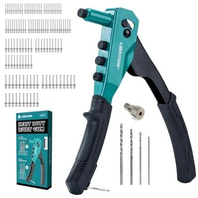 Image of Libraton Rivet Gun Set, Pop Gun, Heavy Duty Tool, Professional Hand Riveter, Manual Riveting Tool with 120 Blind Rivets, 4 HSS Drill Bits, Free Interchangeable Heads