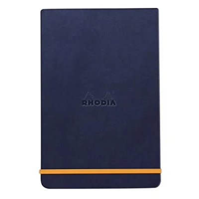 Image of RHODIA 194390C Hard Notebook Webnotepad Midnight Blue A5 Lined 192 Detachable Pages Clairefontaine Ivory Paper 90 g/m Bookmark, Elastic Closure Faux Leather Cover Rhodiarama