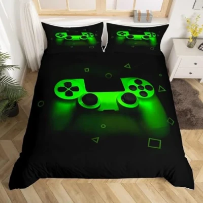 Image of Gamer Bedding Sets For Boys Double,Gaming Duvet Cover Kids Video Game Room Decor Reversible Gaming Comforter Green Gamepad Bed Set Retro Controller Quilt Soft Luxury