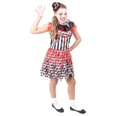 Image of Girls Scary Clown Costume Small Harlequin Black and White Dress, Corset With Red Frill Mini Fascinator Hat Perfect for Halloween &amp; Other Fancy Dress