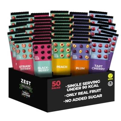 Image of Fruit Snacks by Zest Delites, Dried Fruit, Leather, Bars, Healthy for Adults, Vegan Snacks, Sweets, Blackberry, Strawberry, Peach, Tart Cherry, Plum, 25g x 50