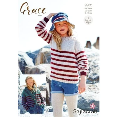 Image of Stylecraft Grace Aran Knitting Pattern 9932 Children&#039;s Sweater &amp; Hooded Jacket