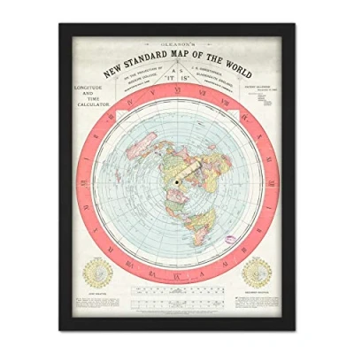 Image of Artery8 Map Gleason 1892 World Time Calculator Flat Earth Artwork Framed Wall Art Print 18X24 Inch