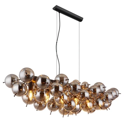 Image of Udo Bar Pendant Ceiling Light Matt Black Balls Smoke Glass Shade 6x E14