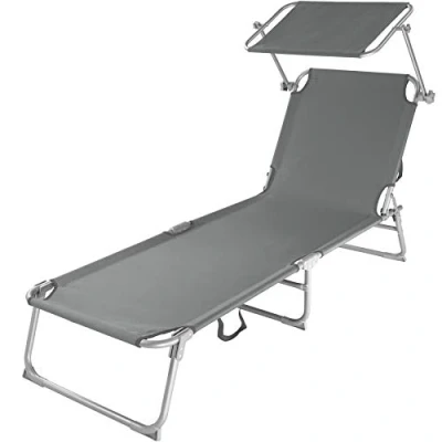Image of TecTake® Garden Lounger with Sunshade, Folding Sunbed for Garden, Beach, Camping Adjustable Back Rest and Sunroof, Sun Relaxation grey