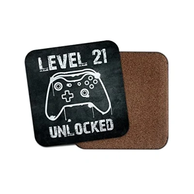 Image of Square Single Coaster Happy Birthday Level 21 Unlocked Gamer Gaming Controller Twenty one 21st Teen Boys Men Gift #77809