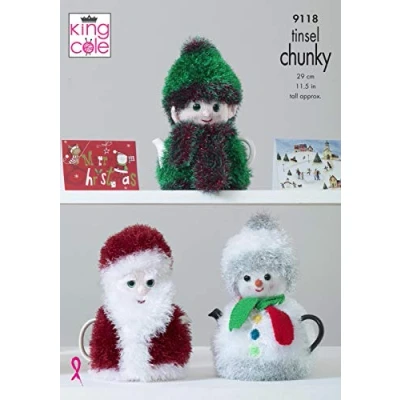 Image of King Cole 9118 Knitting Pattern Christmas Tea Cosies in Tinsel Chunky and Dollymix DK