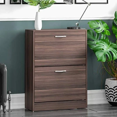 Image of Home Discount Vida Designs 2 Drawer Shoe Cabinet Cupboard Storage Organiser Pull Down Wooden Furniture Wood Unit, Walnut