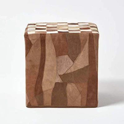 Image of HOMESCAPES Brown Cube Check Leather Suede Pouffe 36 x 38 cm