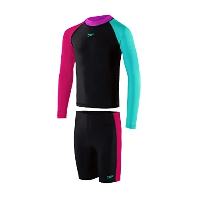Image of Speedo Junior Girl&#039;s Colourblock Sun Protection Rash &amp; Jammer Set, Black/Electric Pink/Tile/Neon Orchid, 5 6 Years