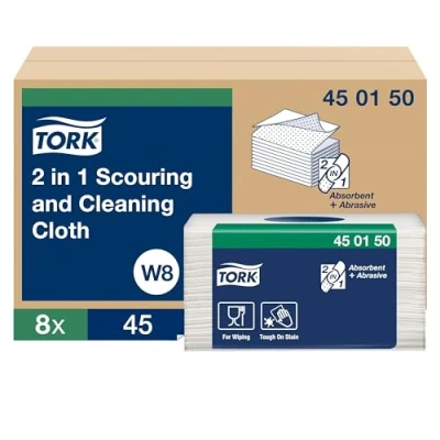 Image of Tork 2 in 1 Scouring and Cleaning Cloth White W8, Reusable, 360 Sheets, 450150