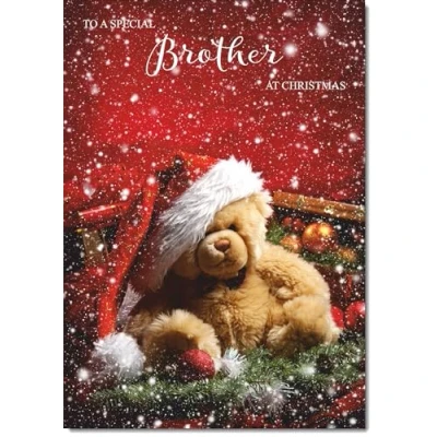 Image of doodlecards Brother Christmas Card Bear with Santa Hat Medium Size for Plain Envelope