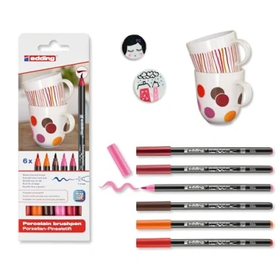 Image of edding 4200 porcelain brush pen 3x red, orange, brown, pink 6 pens nib 1 4 mm felt for painting and decorating ceramics, dishwasher safe, lightfast ink, quick drying