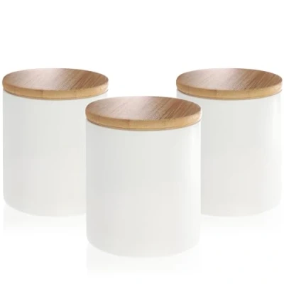 Image of COM FOUR® 3X Ceramic Storage containers Box with Bamboo lid Versatile Coffee Container Small for Food (White 08x09cm 3 Pieces)