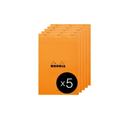 Image of RHODIA 19600C Stapled Notepad N19 Orange A4+ Lined 80 Detachable Sheets White Clairefontaine Paper g/m² Coated Card Cover Pack of 5 pads