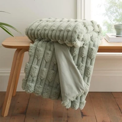 Image of Bianca Carved Faux Fur 150x200cm Blanket Throw Sage Green