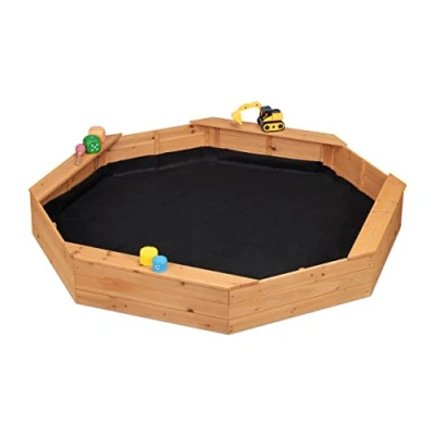Image of Relaxdays Sandpit, octangular, 4 benches, with sandpit fleece, HBT 22.5 x 160 cm, sand box, fir wood, natural
