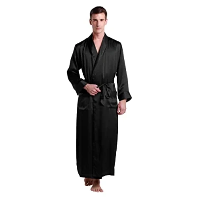 Image of LilySilk Men&#039;s 100 Silk Dressing Gown Kimono Robe Long 22 Momme Pure Mulberry Black Size 38/M