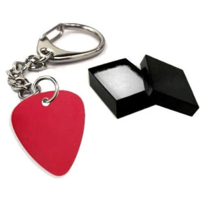 Image of County Engraving Personalised Red Metal Guitar Pick Plectrum Keyring Key Ring Engraved Enter Your Own Custom Text