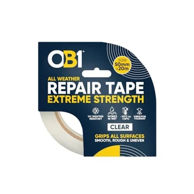 Image of OB1 Clear All Weather Repair Tape Extreme Strength Ultra Strong Waterproof Duct Maximum Bond Heat, Water &amp; UV Resistant Indoor Outdoor Use 50mm x 20m Roll