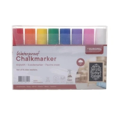 Image of Europel Water Resistant Chalk Marker, 15 mm Tip Set of 8 Multicolored Markers for Indoor and Outdoor Messages Blackboards, Slates, Signs, Windows