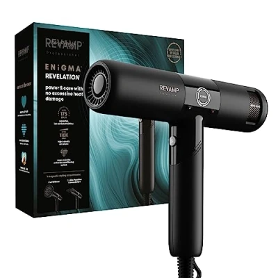 Image of REVAMP Enigma Revelation Ionic Hair Dryer, Digital Intelligent Motor for Powerful Fast Drying Lightweight Blow Low Noise, Cold Setting 3 Magnetic Attachments Salon Professional Styling