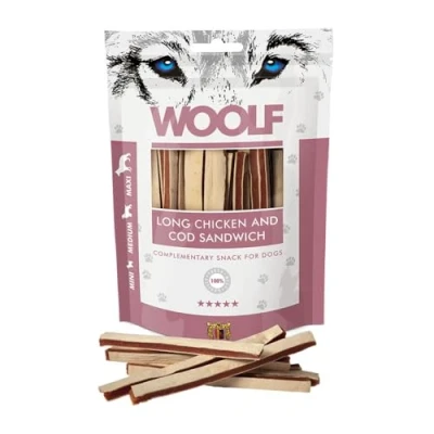 Image of WOOLF Long Chicken and Cod Sandwich Dog Treat Complimentary Snacks for Dogs. All Natural Ingredients High Meat Content, Free from Artificial Additives. Suitable Dogs (100g)