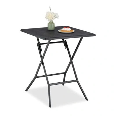 Image of Relaxdays Garden Table, Foldable, hwd: 73 x 62 cm, Plastic, Steel, Weatherproof, Fits 4 People, Camping, Black